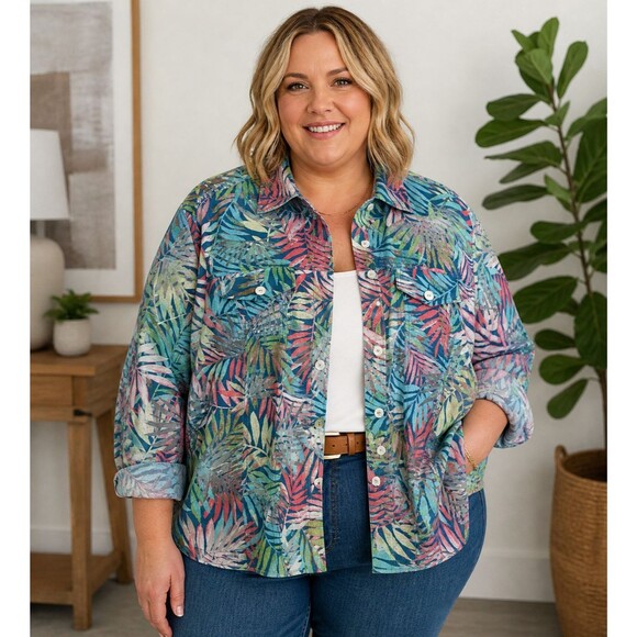 Ruby Rd. Tops - Ruby Rd Womens 24W Plus Size Sheer Tropical Leaf Print Button Up Shirt Colorful